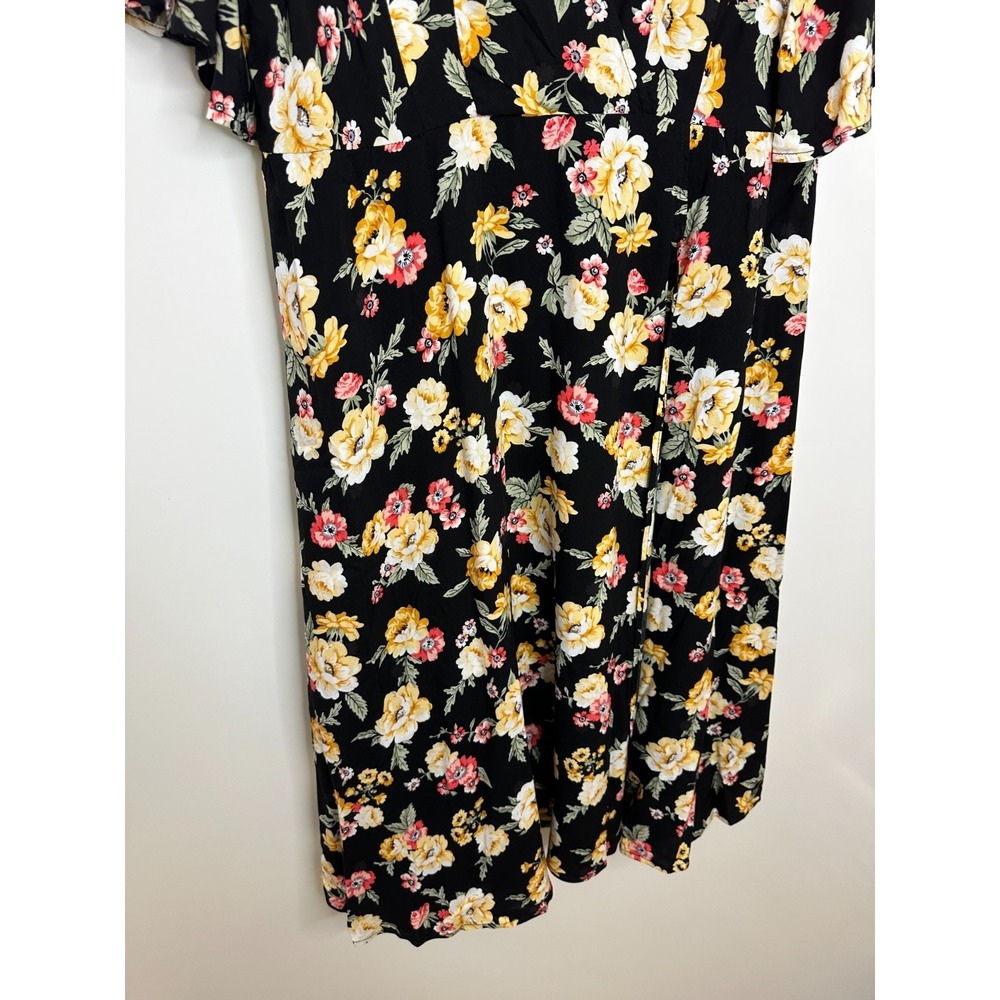 Torrid Floral Faux Wrap Challis Dress Flutter Sleeve Plus Size 1 1X Black Yellow - Picture 6 of 14